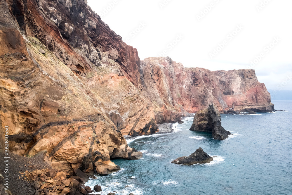 The magnificent dramatic landscape with rocky coastline and stormy Atlantic ocean on the Ponta de São Lourenço (Saint Lourence cape), Madeira island