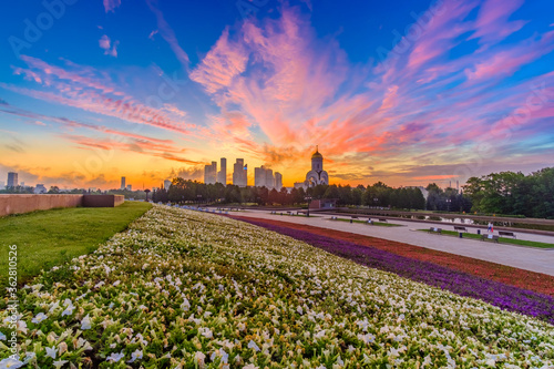 Dawn over Victory Park on Poklonnaya Hill in Moscow in the summer. Colorful blue sky with pink clouds and sunrise on the horizon above Moscow City skyscrapers. A carpet of flowers in the foreground.