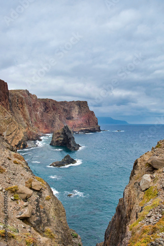 The magnificent dramatic landscape with rocky coastline and stormy Atlantic ocean on the Ponta de São Lourenço (Saint Lourence cape), Madeira island