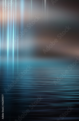 Dark neon background with rays and lines. Night view, reflection in the water of neon light. Abstract dark scene, vertical lines.