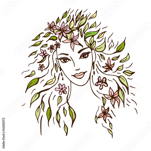 Beautiful girl with long hair with flowers and leaves. Forest Nymph. Woman symbol of spring, summer, greens. Goddess of forest. For tattoo, print, cosmetics, fashion. Colorful hand drawn vector