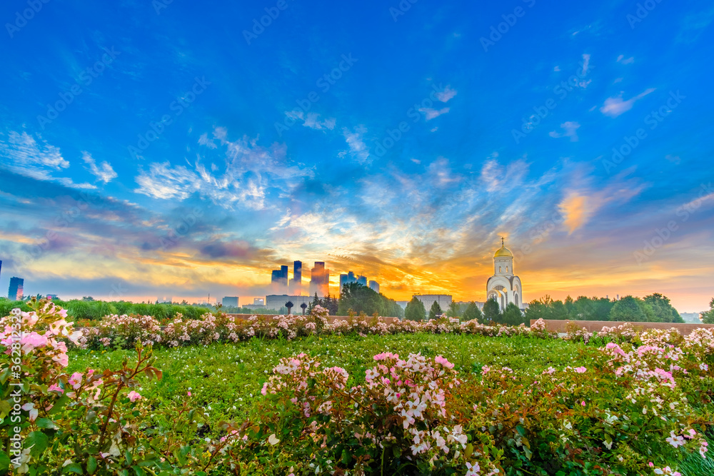 Dawn over Victory Park on Poklonnaya Hill in Moscow in the summer. Colorful blue sky with clouds and sunrise on the horizon above Moscow City skyscrapers. A carpet of flowers in the foreground.