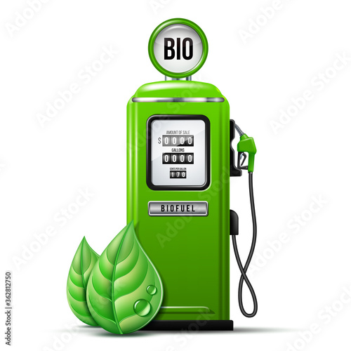 Green bright Gas station pump with fuel nozzle of petrol pump. Biofuel concept