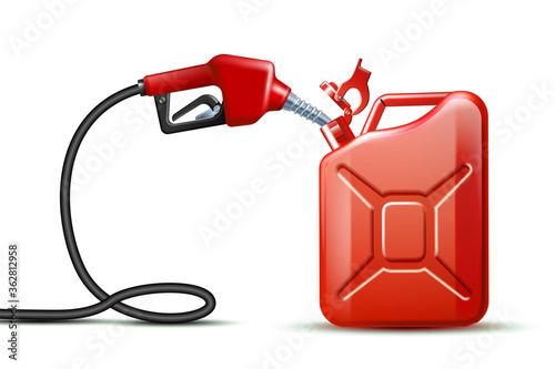 Gas pump nozzle and Red Jerrycan Canister Gallon isolated on white background