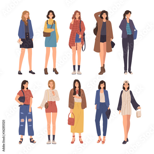 Collection of young women dressed in trendy clothes. Set of fashionable casual outfit. Korean fashion style