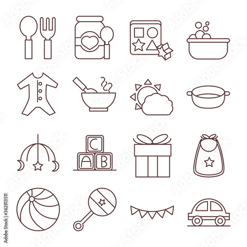 baby feeding toys and clothes, welcome newborn icons set line and fill design