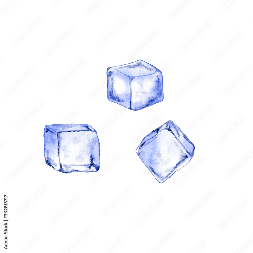 Obraz premium Hand drawn ice cubes for cocktails, beverage, water. Illustration of small piece of ice to cool a drink. Iced water cubes isolated on white.
