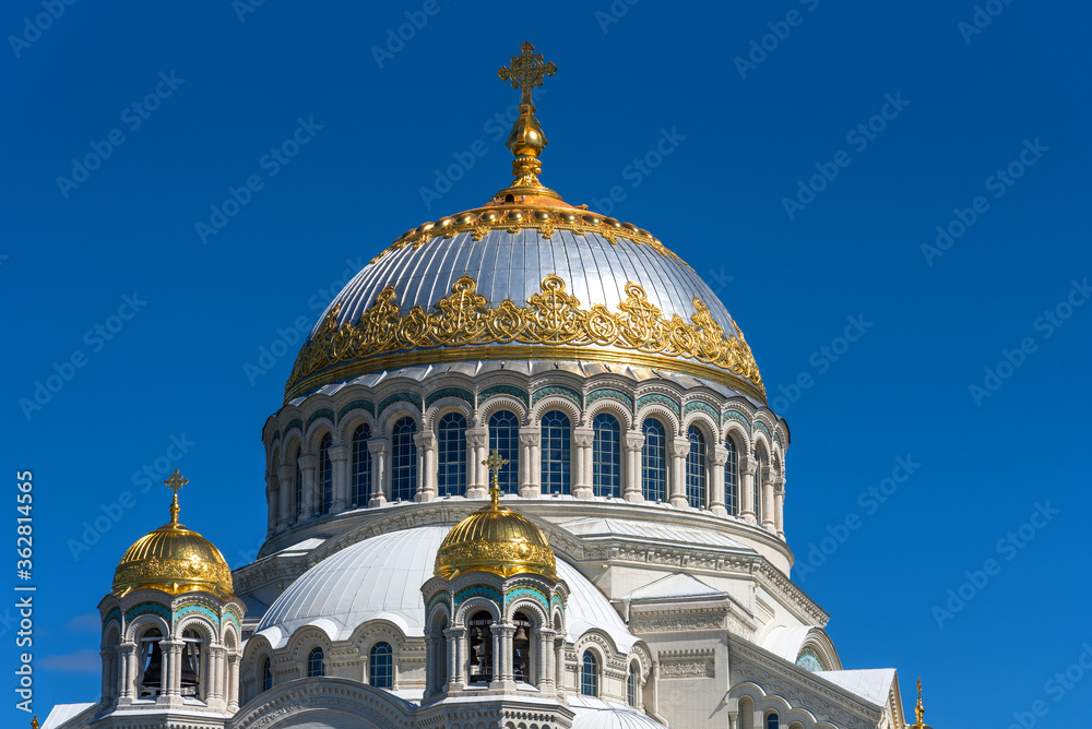 Dome of The Naval cathedral of Saint Nicholas in Kronstadt, Russia. Facade detail of Kronstadt Naval Cathedral.