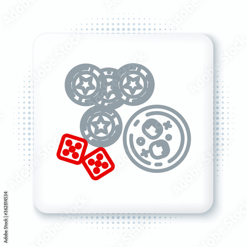 Line Casino chips, game dice and glass of whiskey with ice cubes icon isolated on white background. Casino poker. Colorful outline concept. Vector.