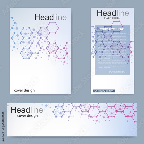Set flyer  brochure size A4 template banner. Molecular structure with connected lines and dots. Scientific pattern atom DNA with elements for magazine  leaflet  cover  poster design.