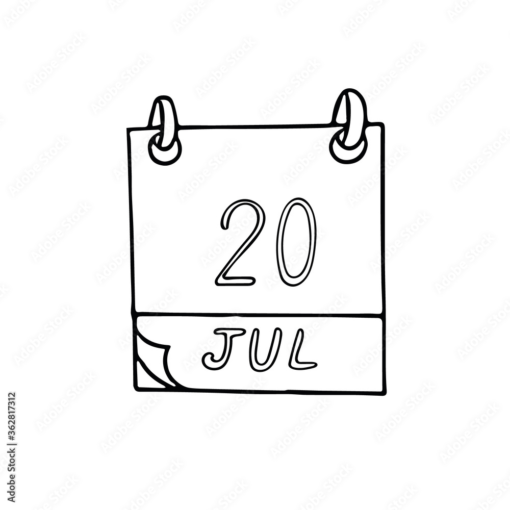 calendar hand drawn in doodle style. July 20. International Chess Day, Cake, date. icon, sticker, element, design. planning, business holiday