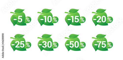 Sale tag or sticker for spring sales in natural green leaf form with different percentage - 5, 10, 15, 20, 25, 30 50 and 75