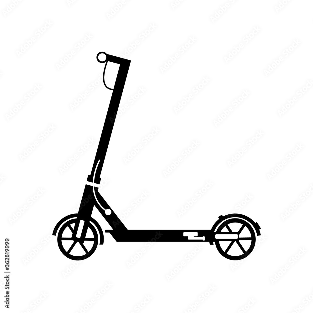 Black icon of electric scooter, urban transport. Ecological