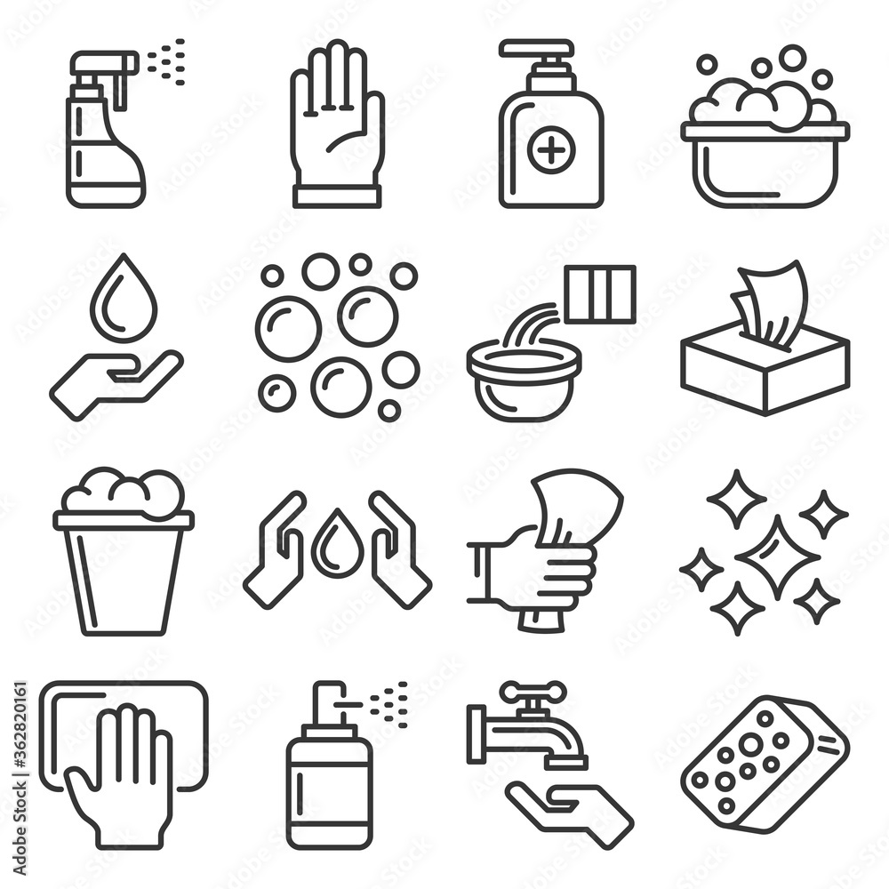 Sanitation ans Clean Icons Set on White Background. Line Style Vector