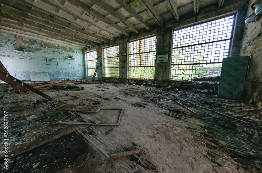 School classroom in Prypiat, Chernobyl exclusion Zone. Chernobyl Nuclear Power Plant Zone of Alienation in Ukraine