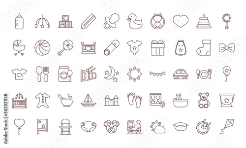 baby feeding toys and clothes, welcome newborn icons set line and fill design