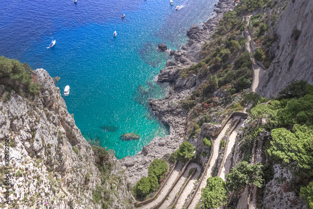 View of Via Krupp from Gardens of Augustus descending to Marina Piccola sea, Capri Island, Italy.
