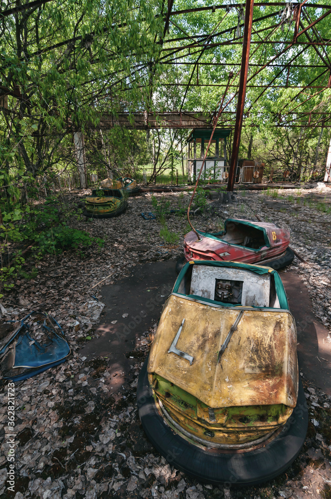 Fun fair, ferris wheel in Prypiat, Chernobyl exclusion Zone. Chernobyl Nuclear Power Plant Zone of Alienation in Ukraine