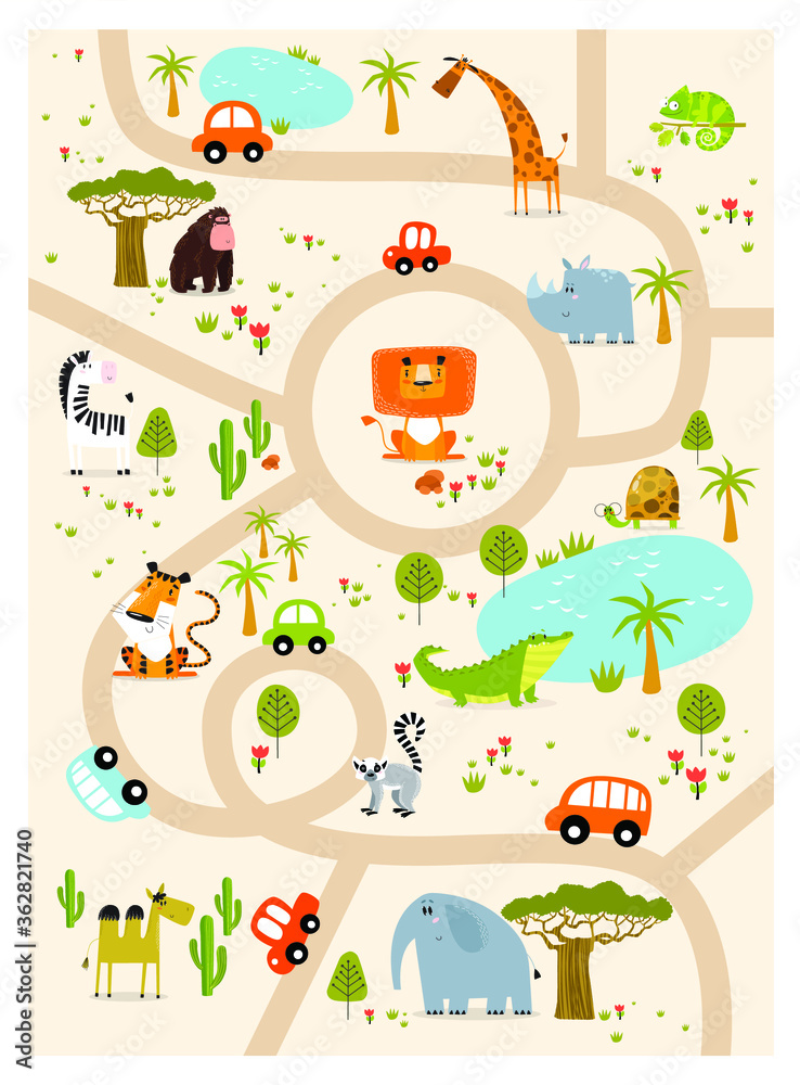 Vector tropical maze with animals in safari park. Cartoon tropical animals. African animals. Road in a safari park. Game for children. Children's play mat.
