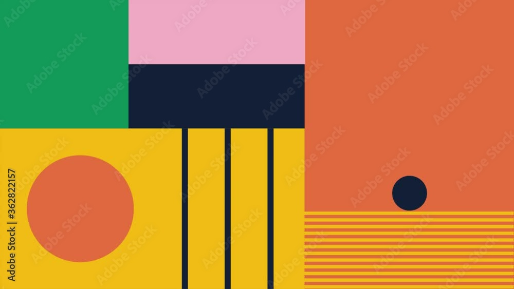 Abstract bold colorful animated background of simple geometric shapes with motion effects. Perfect for stunning presentation, branding, advertisement etc. Seamless loop 4k render
