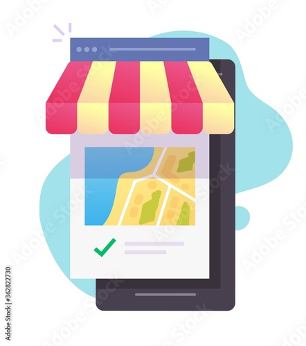 Store shop or cafe restaurant city map location on mobile phone smartphone vector flat cartoon illustration, concept of online food delivery, retail internet market position service