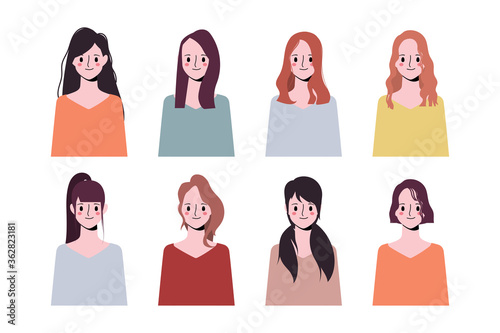 Set of clip art women collection icon character face difference hair style.

