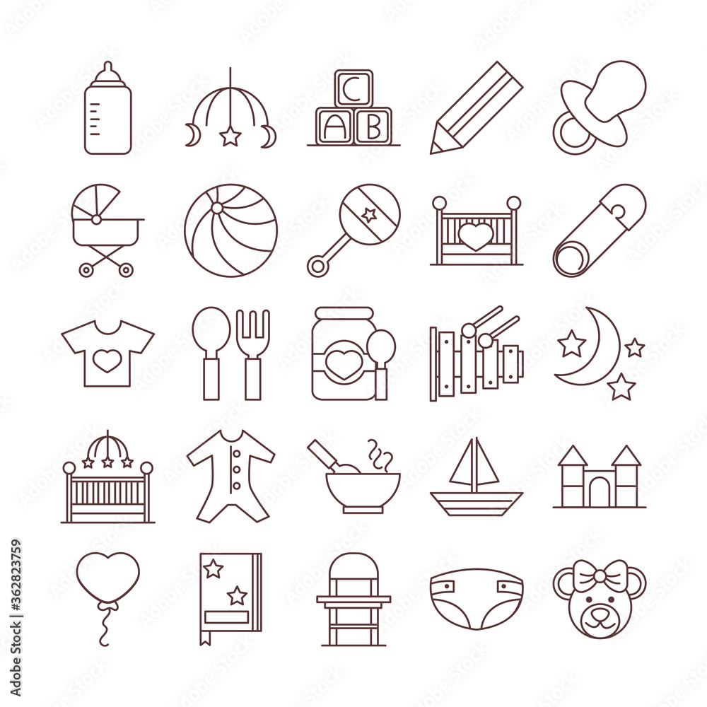 baby feeding toys and clothes, welcome newborn icons set line and fill design