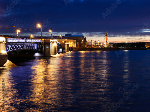 beautiful view of the river and bridge in the European city during the white nights