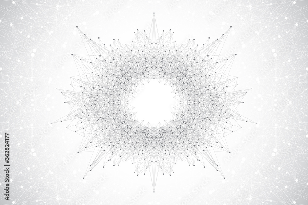 Quantum computer technology concept. Sphere explosion background. Deep learning artificial intelligence. Big data algorithms visualization. Waves flow. Quantum explosion, vector illustration.