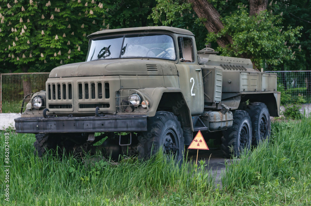Liquidators vehicle army in Prypiat, Chernobyl exclusion Zone. Chernobyl Nuclear Power Plant Zone of Alienation in Ukraine