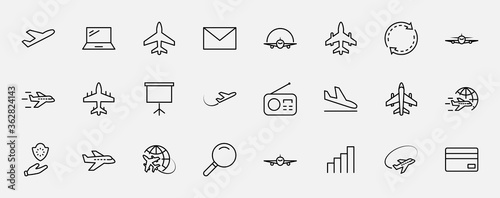 Set of Plane vector line icon. It contains symbols to aircraft, globe and more. Editable Stroke. 32x32 pixels.