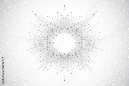 Quantum computer technology concept. Sphere explosion background. Deep learning artificial intelligence. Big data algorithms visualization. Waves flow. Quantum explosion, vector illustration.