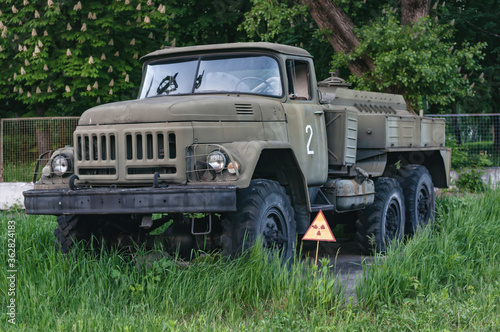 Liquidators vehicle army in Prypiat, Chernobyl exclusion Zone. Chernobyl Nuclear Power Plant Zone of Alienation in Ukraine