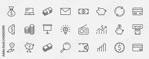 Set of Money Related Vector Line Icons. Contains such Icons as Money Bag, Piggy Bank in the form of a Pig, Wallet, ATM, Bundle of Money, Hand with a Coin and more. Editable Stroke. 32x32 Pixels.