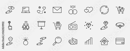 International Jeweler Day Set Line Vector Icons. Contains such Icons as Love, Heart, Hand, Family, Wedding Rings, Diamond, Jewelry store, Gift, Basket and more. Editable Stroke. 32x32 Pixels