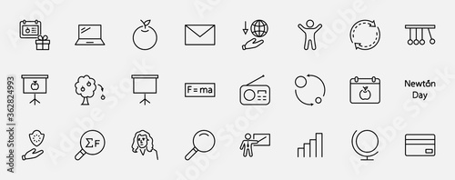 Newton's Day Set Line Vector Icon. Contains such Icons as Newton, Laws of physics and gravity, Flying Apple, Calendar, Teacher, blackboard and projector Editable Stroke. 32x32 Pixels