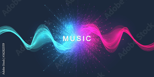 Abstract motion sound wave lines and dots dynamic vector background. Spiral pulse sound wave rhythm. Music wave poster design.