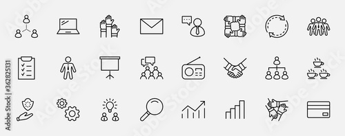 Set of Team Work Related Vector Line Icons. Contains such Icons as Handshake, Check, Idea, Coffee, Gears, Cooperation, Collaboration, Team Meeting and more. Editable Stroke. 32x32 Pixels