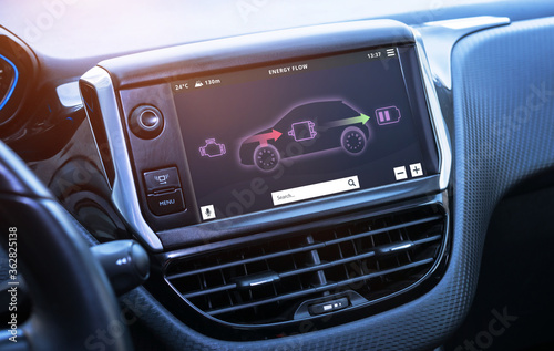 Visual simulation of battery charging when braking on the in-car display. The concept of driving an electric or hybrid car