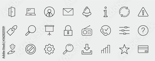 Set of Interface Related Vector Line Icons. Contains such Icons as User, Search, Info, Star, Bell, Door, Settings, Lock, Alert, Gear and more. Editable Stroke. 32x32 Pixels