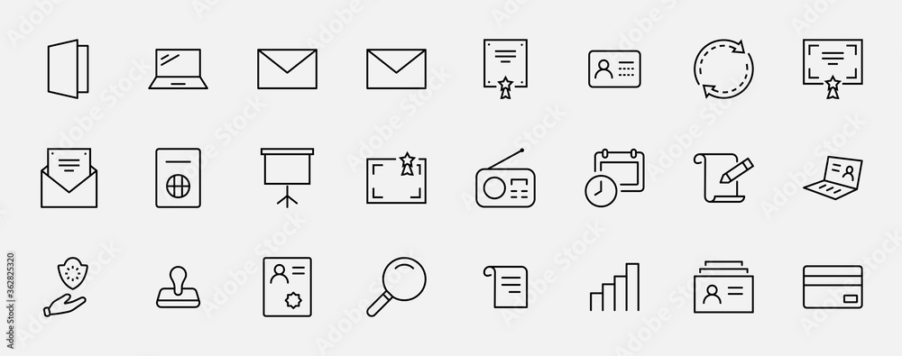 Set of Legal Documents Related Vector Line Icons. Contains such Icon as Visa, Contract, Declaration, License, Permission, Grant and more. Editable Stroke. 32x32 Pixels