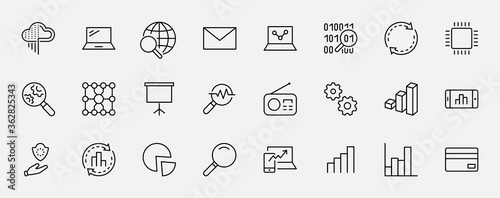 Set of Data Analysis Related Technology Vector Line Icons. Contains such Icons as Charts, Search, Graphs, Traffic Analysis, Big Data and more. Editable Stroke. 32x32 Pixels