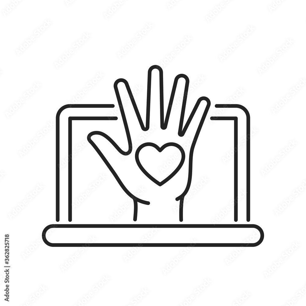 Online charity and volunteering black line icon. Fundraising vector pictogram.Pictogram for web page, mobile app, promo. Online charity and volunteering black line icon. Fundraising vector pictogram.Pictogram for web page, mobile app, promo.