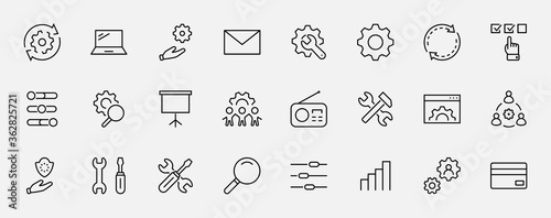 Set of Settings and Setup Vector Line Icons. Contains such Icons as Gear, Setting, Control, Iinstall, Options, Service, and more. Editable Stroke. 32x32 Pixels.