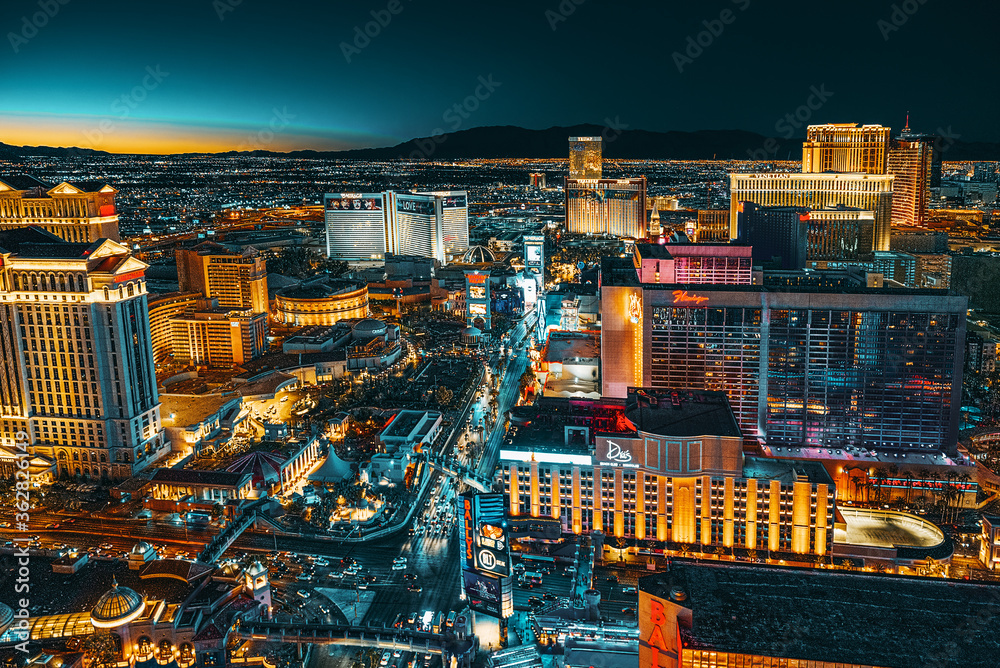 Main street of Las Vegas-is the Strip in evening time. - obrazy, fototapety, plakaty 