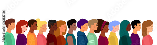 A crowd of young people, of different appearance, skin color, and hair. Diversity of nationalities. Boys and girls stand shoulder to shoulder in profile.