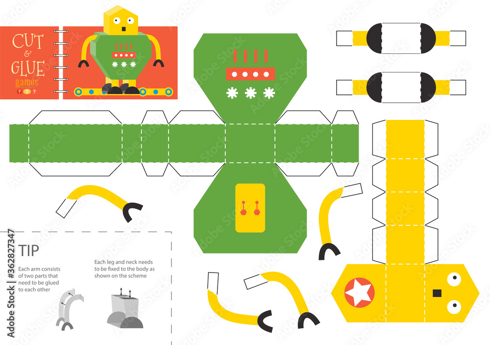 Naklejka premium Cut and glue robot toy vector illustration. Paper craft and simple educational worksheet