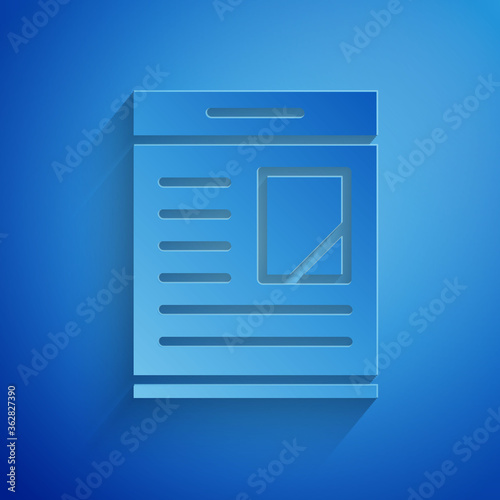 Paper cut Newspaper advertisement displaying obituaries icon isolated on blue background. Paper art style. Vector.