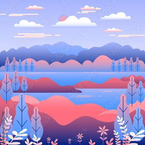 Hills landscape in flat style design. Valley with lake river background. Beautiful fields, meadow, mountains and sky. Rural location in the hill, forest, trees, cartoon vector, pink blue pastel colors