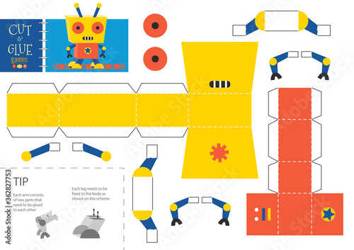 Cut and glue robot toy vector illustration, worksheet.